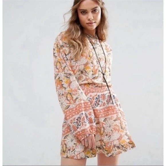 Free People Mini Pocket Dress Sun Ruffle Printed Long Sleeve Cut Out Back Button - Picture 1 of 12